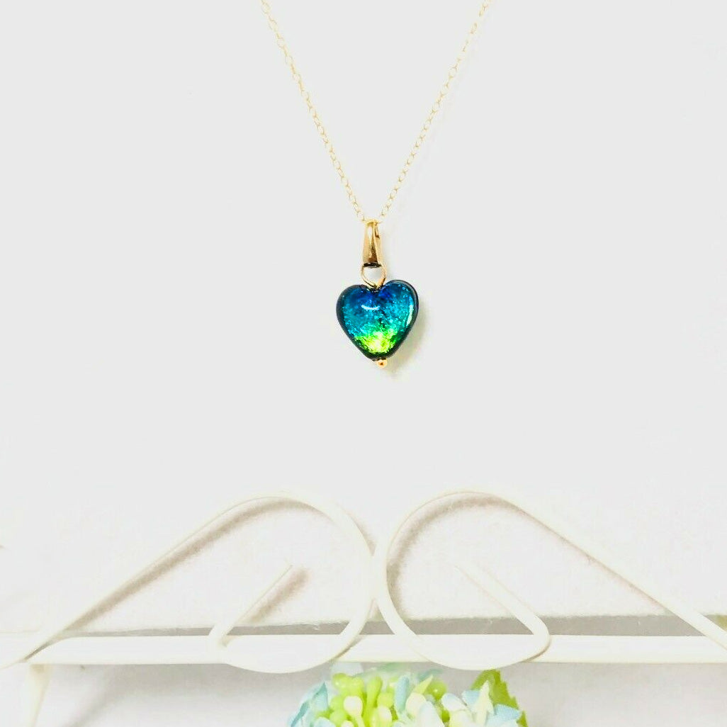 Phosphorescent Kerama Okinawa Firefly glass Heart Gold Premium Necklace