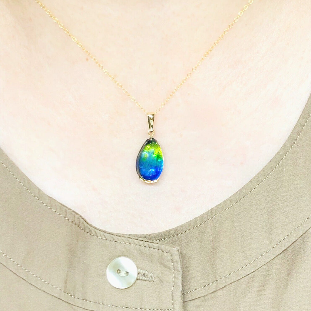 Phosphorescent Kerama Okinawa Firefly glass Mini-Teardrop Necklace Gold