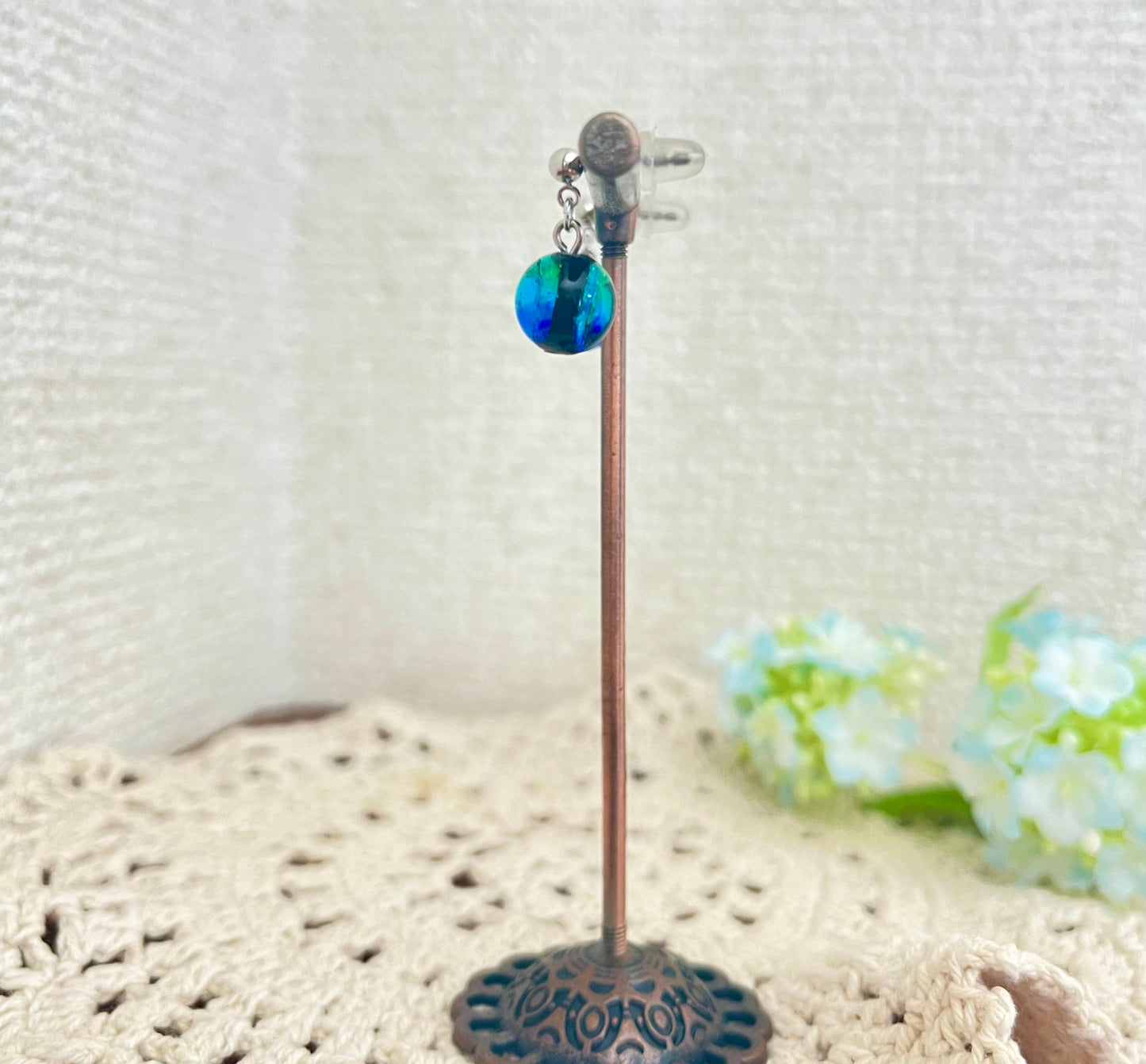 Kerama Blue Phosphorescent Okinawa 8mm Firefly glass Drop type swaying Stud piercing Titanium alloy