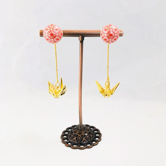 Origami Crane and chrysanthemum Piercing Earring