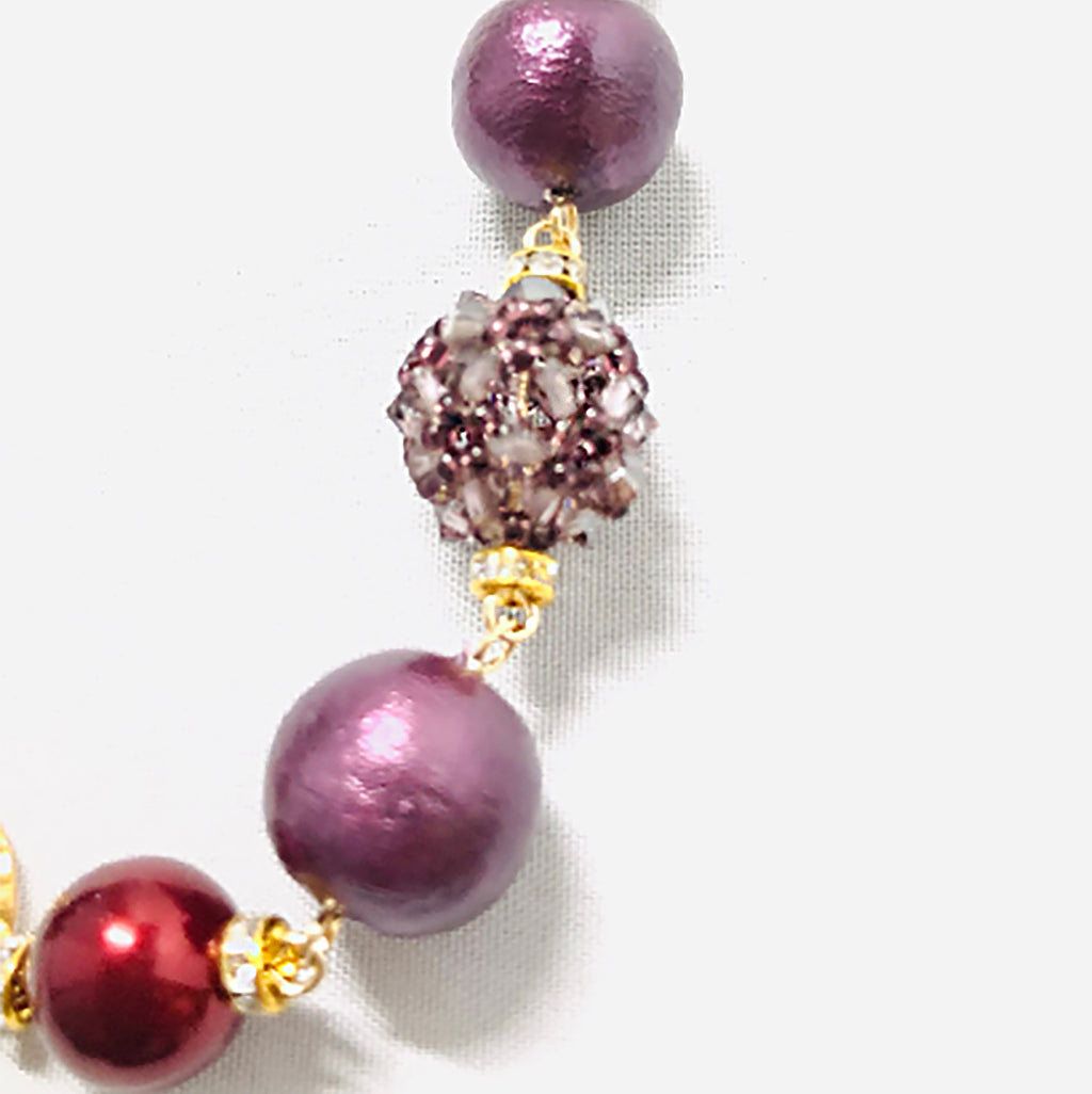 Light Necklace Cotton ball pearls, beads 28 inch /25 g Plum & Burgundy