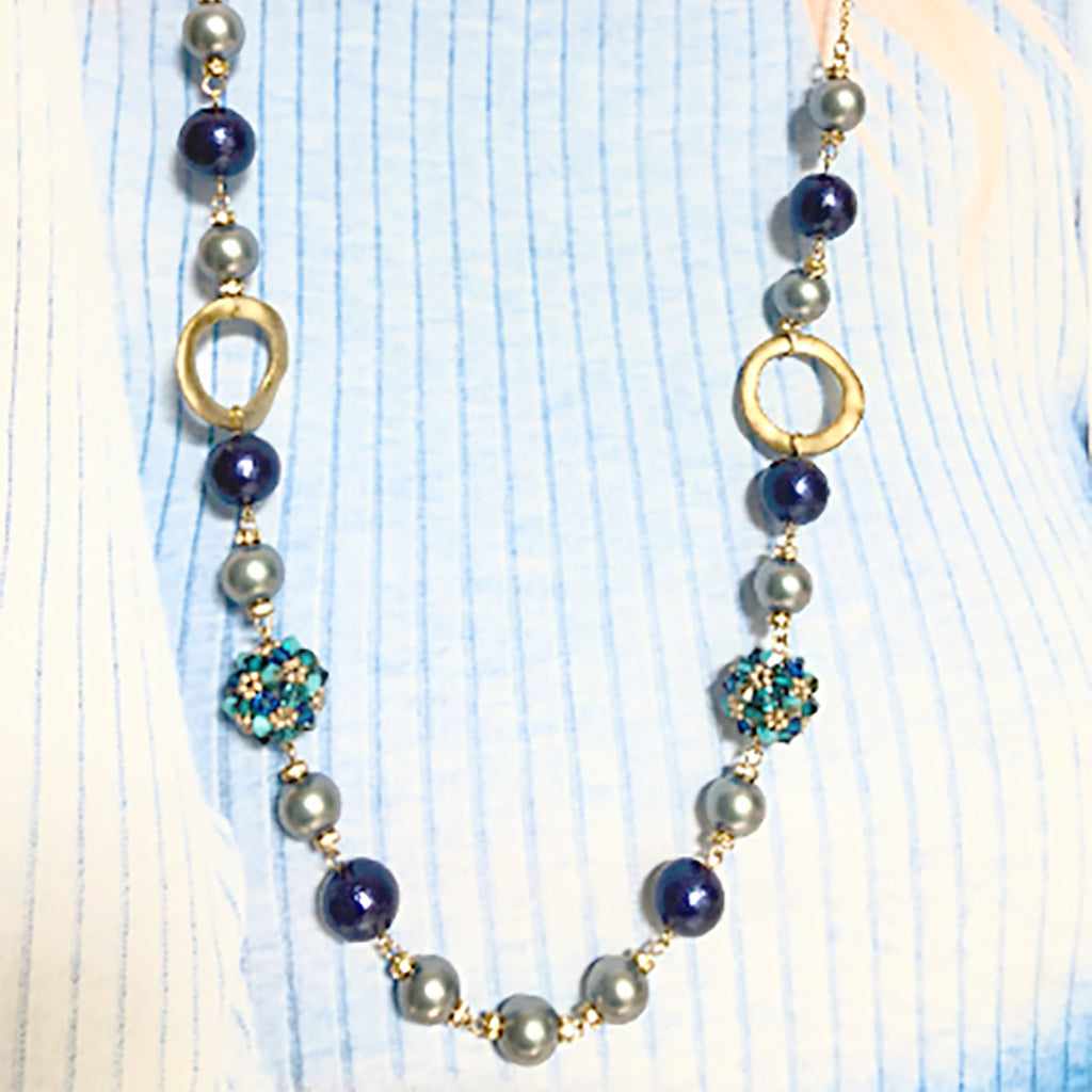 Light Necklace Cotton ball pearls, beads 28 inch /26 g Navy Blue